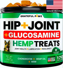 Grateful Pawz hemp hip and joint supplement bottle pose highlights canine joint support and easy daily use.