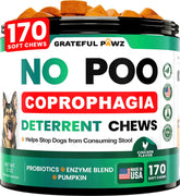 Grateful Pawz No Poo Chews bottle closeup — chewable digestion support that may deter stool eating.