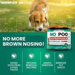 Grateful Pawz No Poo Chews label detail — probiotic and enzyme blend supports healthy gut flora.