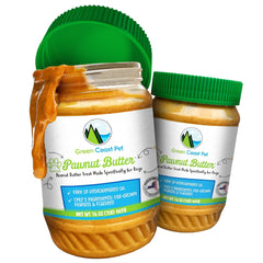 Green Coast Pet peanut butter jar closeup showing creamy texture ideal for training rewards