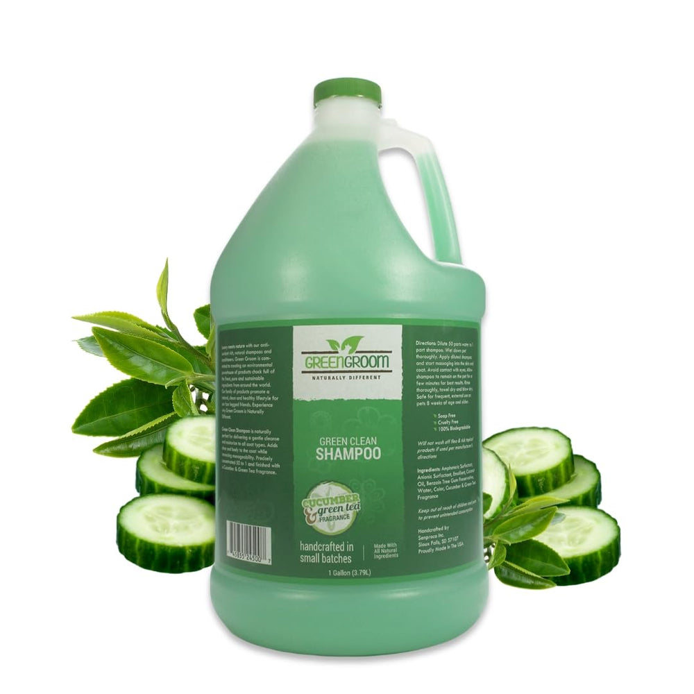 Green Groom Green Clean Shampoo bottle shows plant-based cleansing for gentle coat care