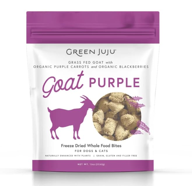 Green Juju Goat Purple Freeze-Dried Bites ready to mix into meals for dogs and cats, boosting palatability.