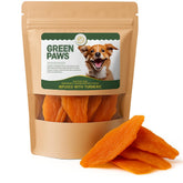 Green Paws chicken jerky front packaging, single-ingredient protein-rich dog treat for active dogs.