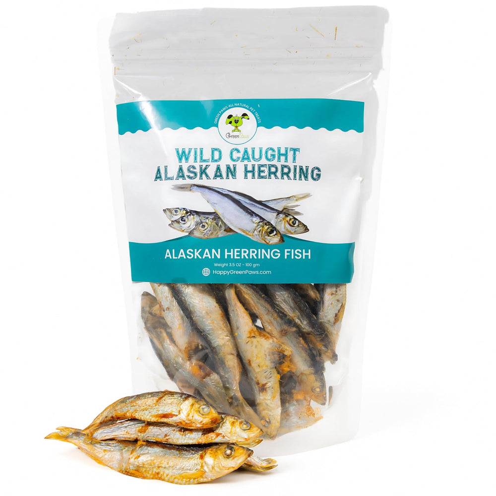 green paws Happy Gluten Free Herring dog treats bowl display with protein-rich snack