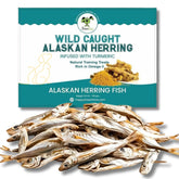 green paws Happy Gluten Free Herring Treats packaging highlights gluten-free, single-ingredient goodness for sensitive pets.