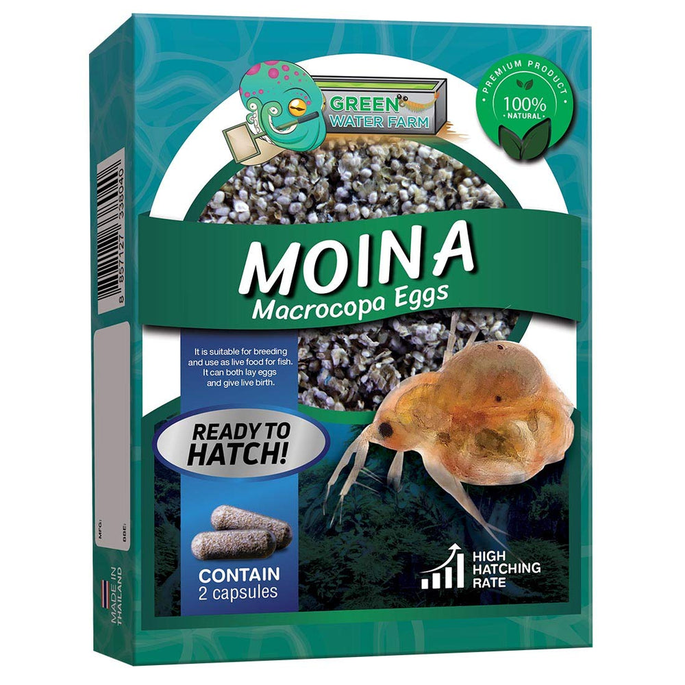 Green Water Farm Moina macrocopa eggs packaging shows natural starter feed for healthy fish growth.