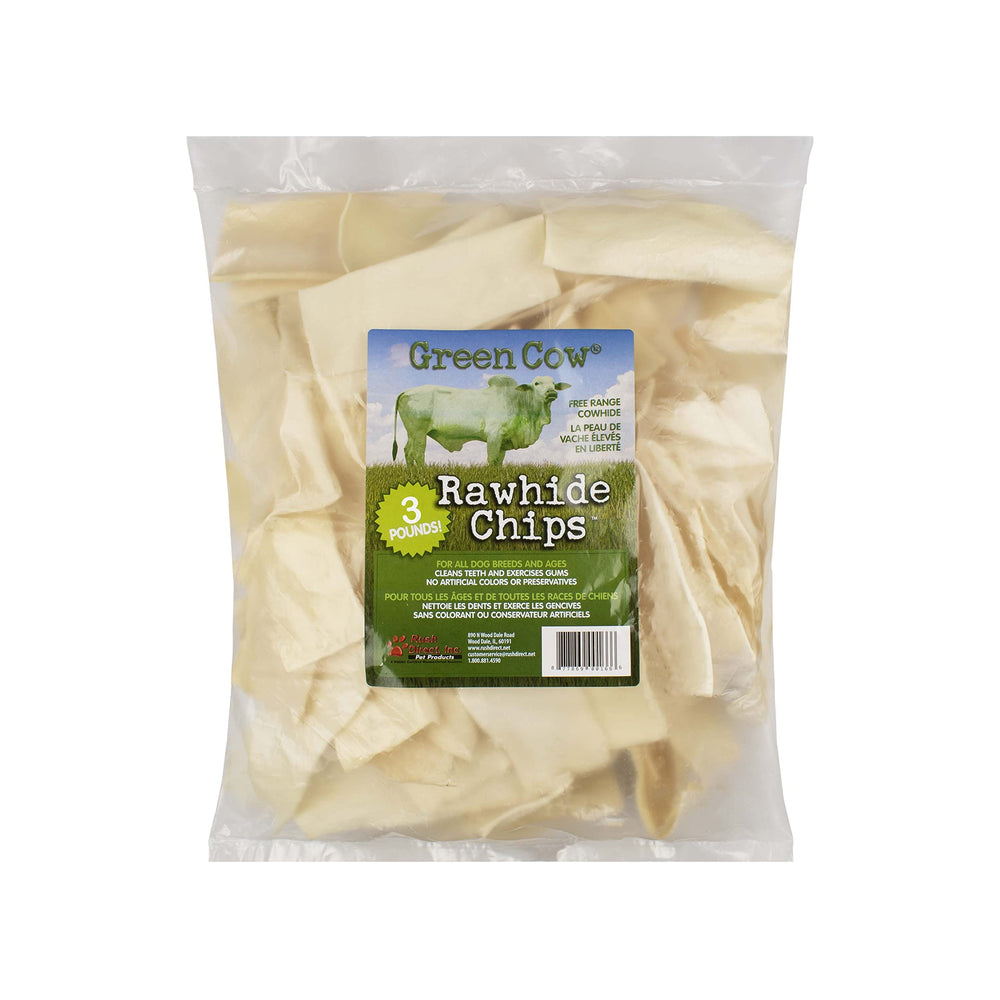 GreenCow Rawhide Chips bag front highlighting premium rawhide for aggressive chewers