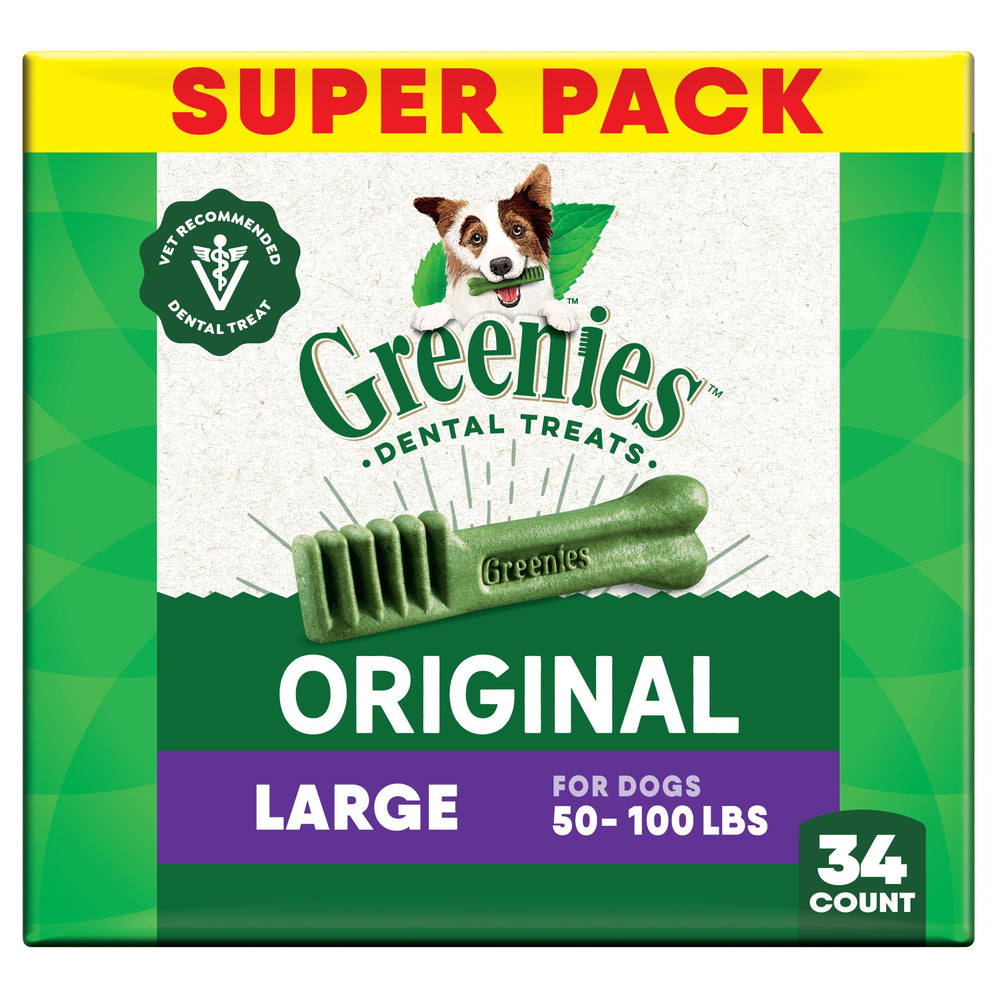 Greenies adult dental chews for 50 to 100 lb dogs support daily oral care and fresh breath.