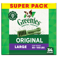 Greenies adult dental chews for 50 to 100 lb dogs support daily oral care and fresh breath.