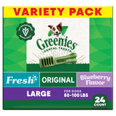 Greenies original-flavor packaging open, supporting fresh breath and daily dental care
