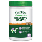 Greenies Digestive Health probiotic-tub label highlights a three-part gut support blend.