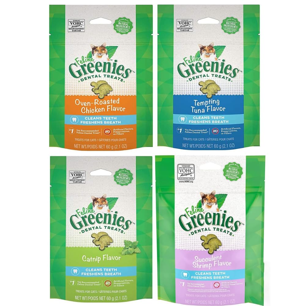 Greenies feline dental variety pack front view highlights four flavors for daily dental care