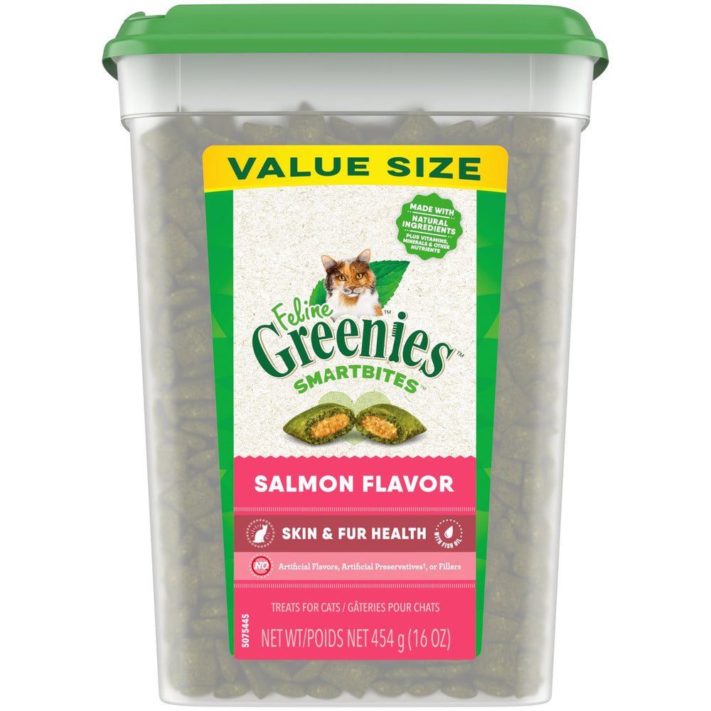 Greenies Feline Smartbites tub front with salmon flavor appealing to cats for coat health.