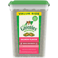 Greenies Feline Smartbites tub front with salmon flavor appealing to cats for coat health.