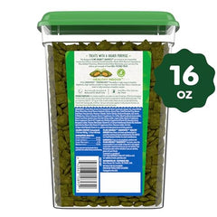 Greenies Feline Smartbites Tuna Flavor tub closeup shows crunchy exterior and creamy interior texture.