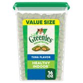 Greenies Feline Smartbites Tuna Flavor tub front, low-calorie treats for indoor cats, great for weight management.