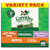 Greenies original flavor dog treats, 60-count pack, support oral health and breath freshness.