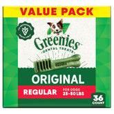 Greenies Original dental treats pack highlights 36 oz size for daily dental care.