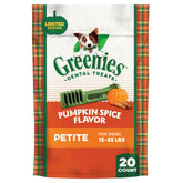 Greenies pumpkin-spice packaging displaying vet-recommended dog dental treats.