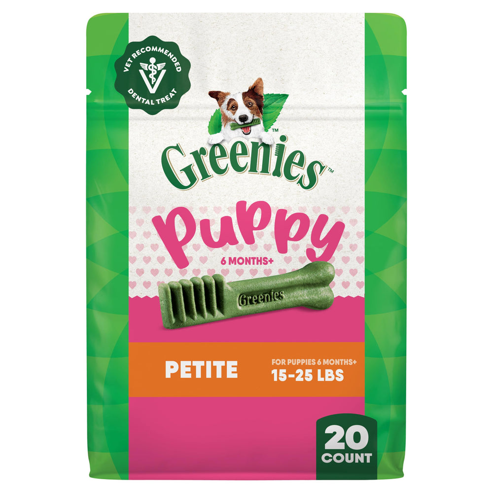 Greenies Puppy Dental Treats Petite Pack front view supports clean teeth and fresh breath