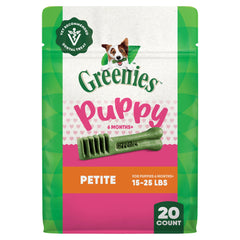 Greenies Puppy Dental Treats Petite Pack front view supports clean teeth and fresh breath