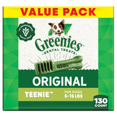 Greenies Teenie original-flavor pack supports daily dental care for small dogs.