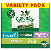 Greenies Teenie-Size dental treats packaging close-up for small dogs' daily dental care.