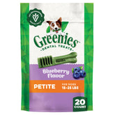 Greenies vet-recommended blueberry dental treats pack front for daily dental care.