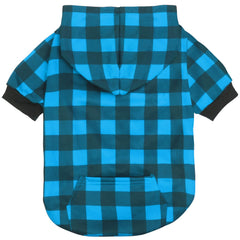 GreenJoy plaid dog sweater blue back view with hood and handy pocket.