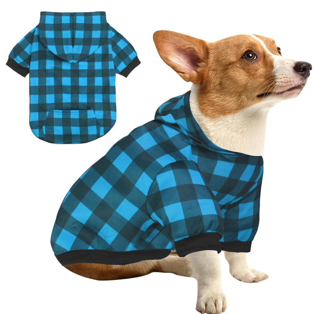 GreenJoy plaid dog sweater blue front view for warmth during outdoor walks.