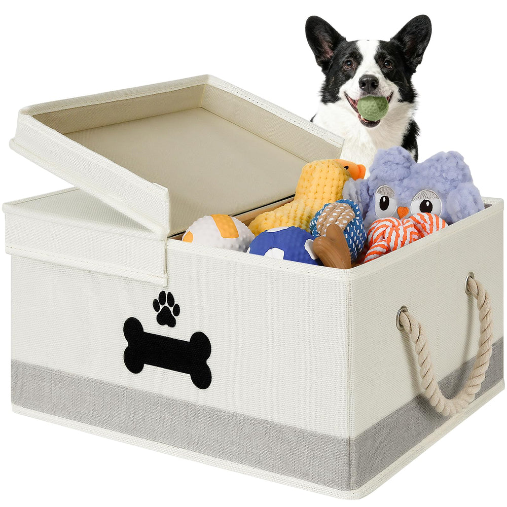 GreenPetopia dog toy basket with double-open lid for quick toy access and organization.