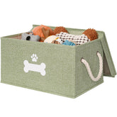 GreenPetopia dog toy basket with lid keeps toys tidy and accessible in living rooms.