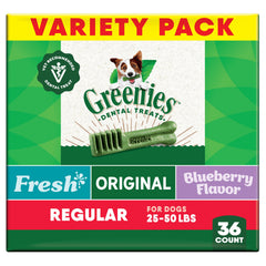 Greenies Original dental dog treats packaging front view highlighting daily oral care.
