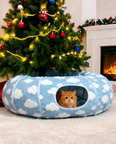 Grelife cat tunnel bed with washable plush for easy cleanup and cozy play.