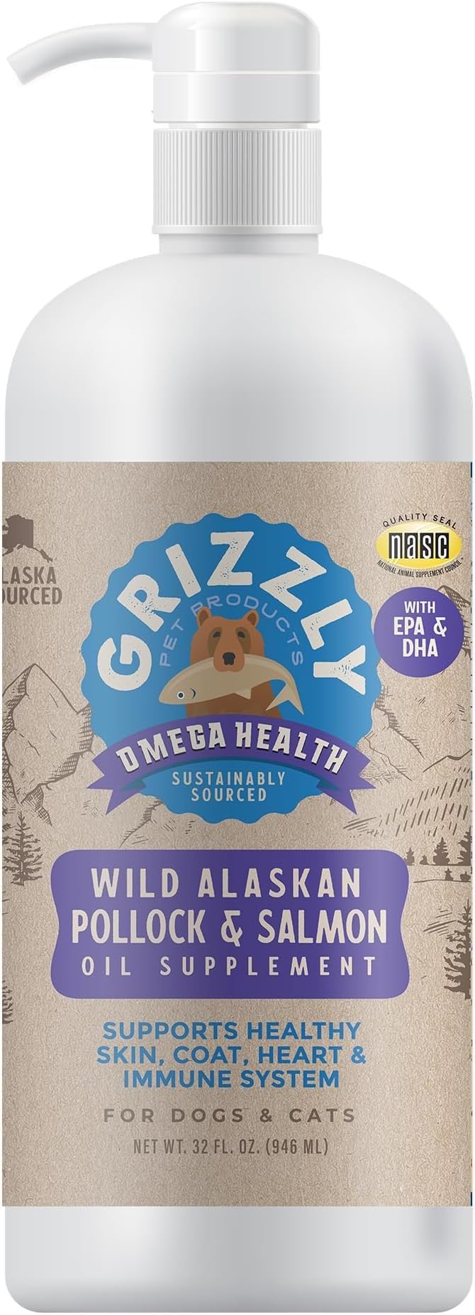 Grizzly Omega Health Liquid bottle pour for easy dosing in dogs and cats.