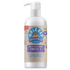 Grizzly Pet Products Omega Health bottle shows wild-sourced omega-3 for pets' daily care.
