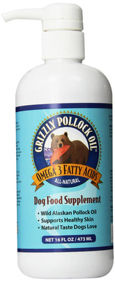 GRIZZLY Pollock Oil dog supplement pump-over-food for easy dosing and coat support.
