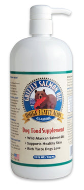 Grizzly Salmon Oil 32oz bottle with airtight pump for precise dosing.