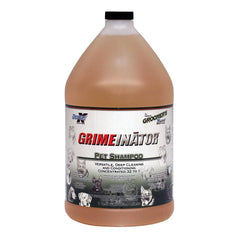 Groomer's Edge Grimeinator bottle pour showing concentrated formula for effective deep cleaning of dirty pets