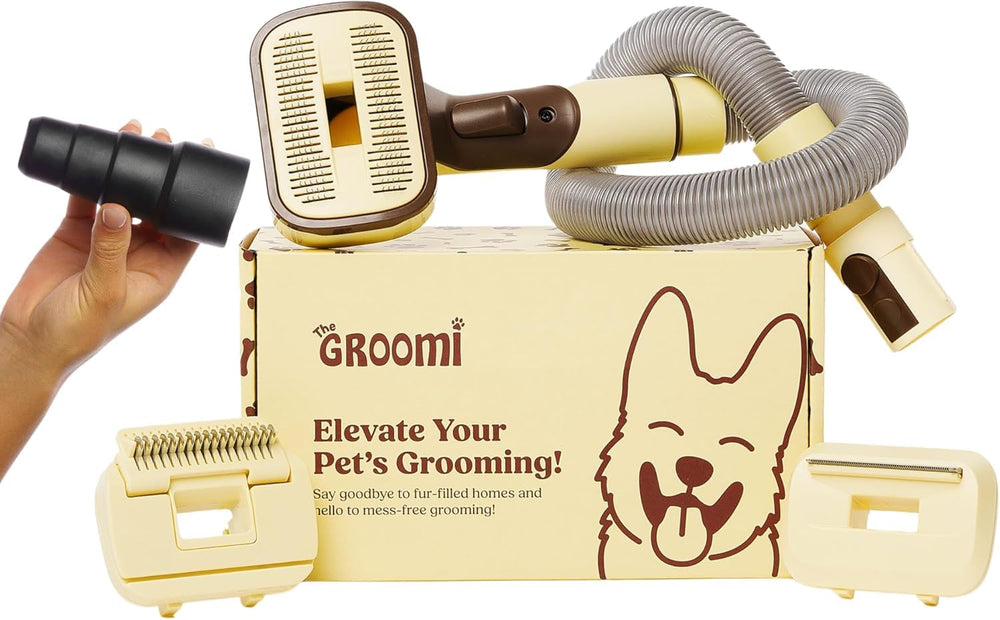 The Groomi vacuum pet brush kit front view shows all-in-one grooming for dogs and cats, aiding fur management.