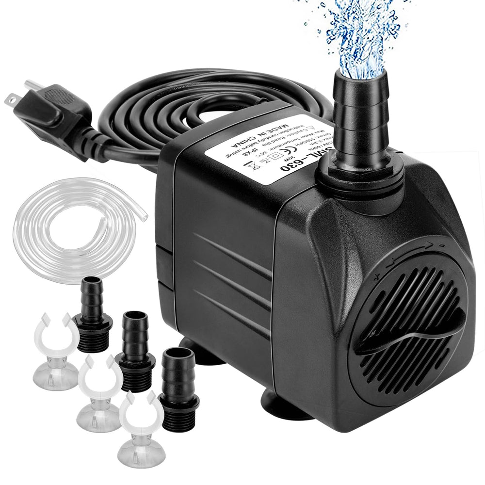 Growneer 550GPH submersible pump side view shows steady water circulation for aquariums.
