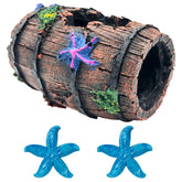 GSD broken barrel ornament in betta tank adds aged realism and hiding caves.