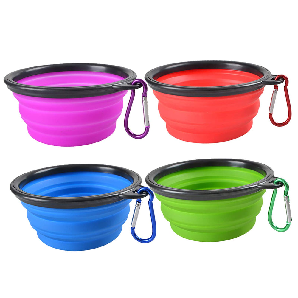 Guardians collapsible bowls pack shown for travel with a carabiner clip for hiking.