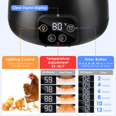 Gulfmew chicken coop heater display showing temperature control for precise warmth