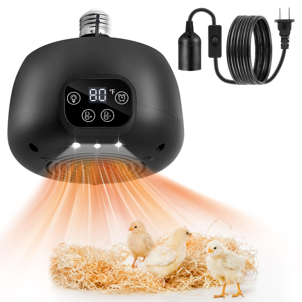 Gulfmew chicken coop heater front view with warm glow supporting comfortable chicks