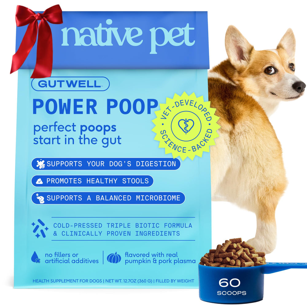 GutWell Power Poop pellets bottle shows digestive support for dogs.