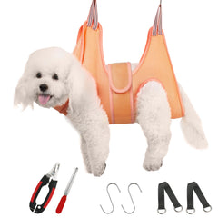 Guzekier dog grooming hammock harness in use for calm at-home grooming session