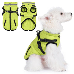 Gyuzh dog coat with harness front view showing built-in harness for easy daily wear