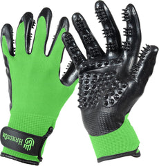 H HANDSON Pet Grooming Gloves packaging highlights simple setup and durable design