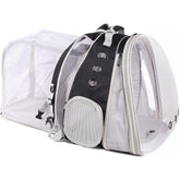 Halinfer dual-extension pet backpack left view demonstrates roomy interior for pets up to 20 lbs.